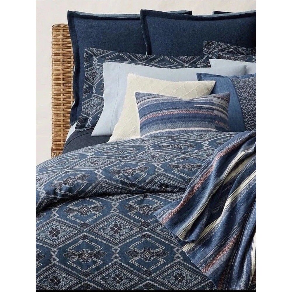 Ralph Lauren Francois Full Queen Duvet Cover Navy Blue Geometric Cotton NIP
